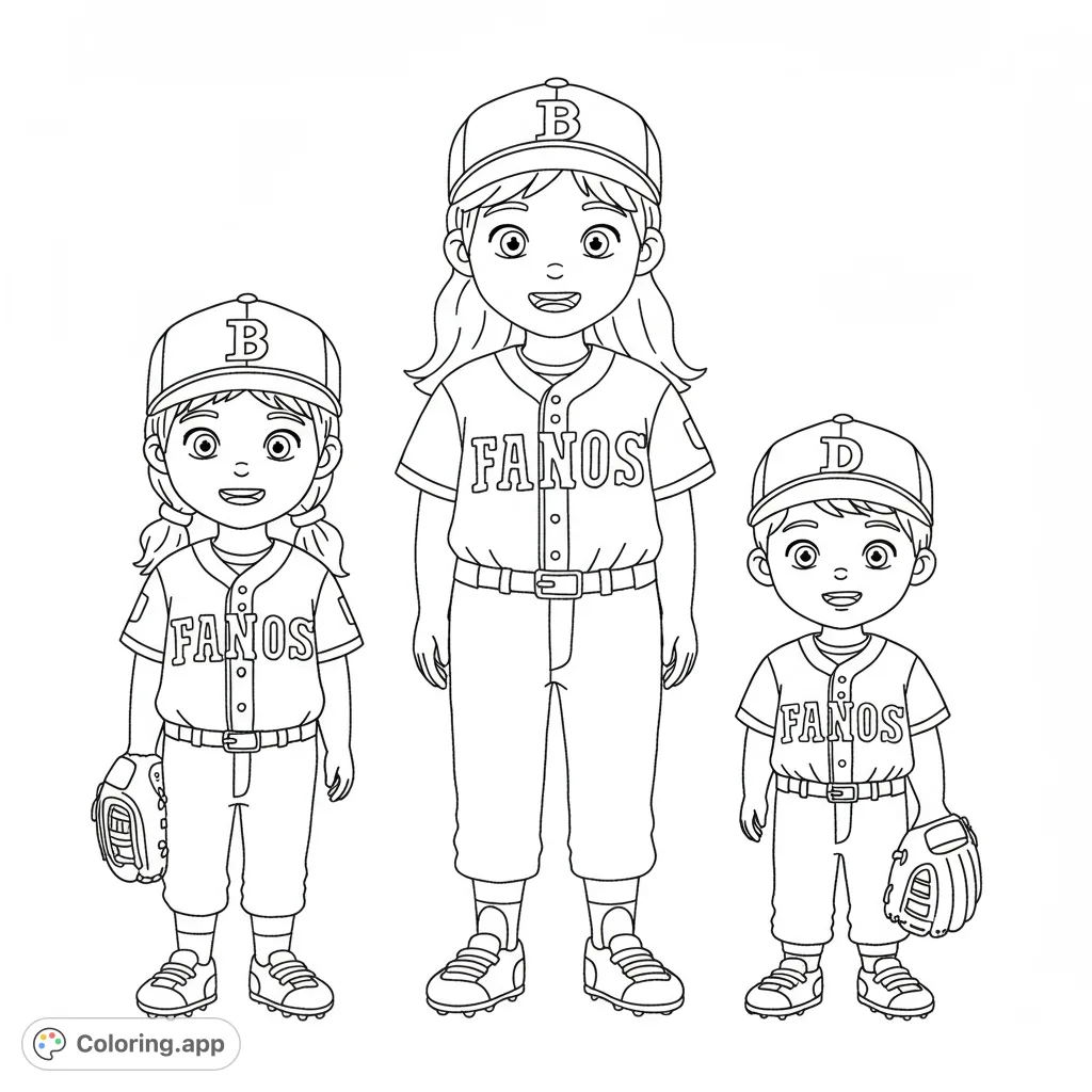 A free printable baseball team coloring page featuring three cheerful kids in full uniforms, ready for play. Perfect for sports fans!