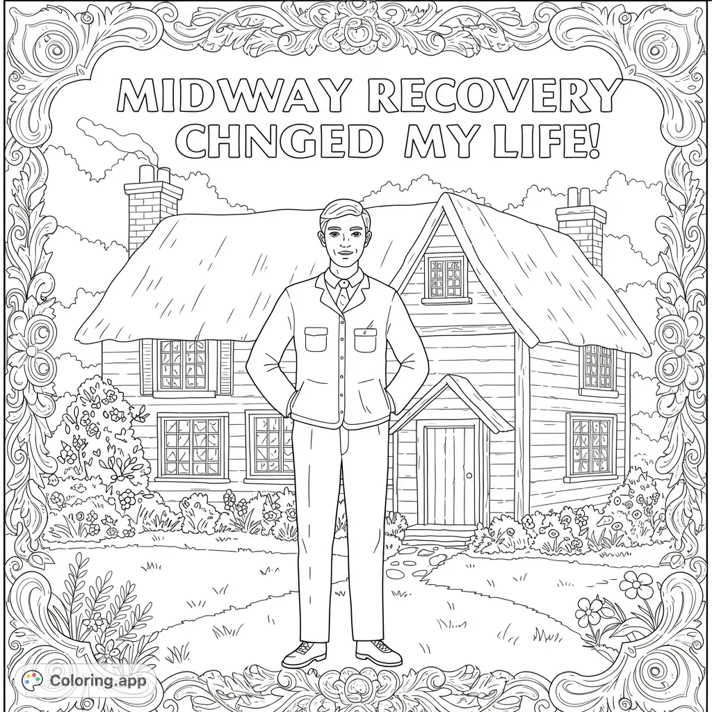 A dapper man stands before a charming thatched cottage amidst a lush garden, framed by an ornate border. A delightful country scene for coloring.