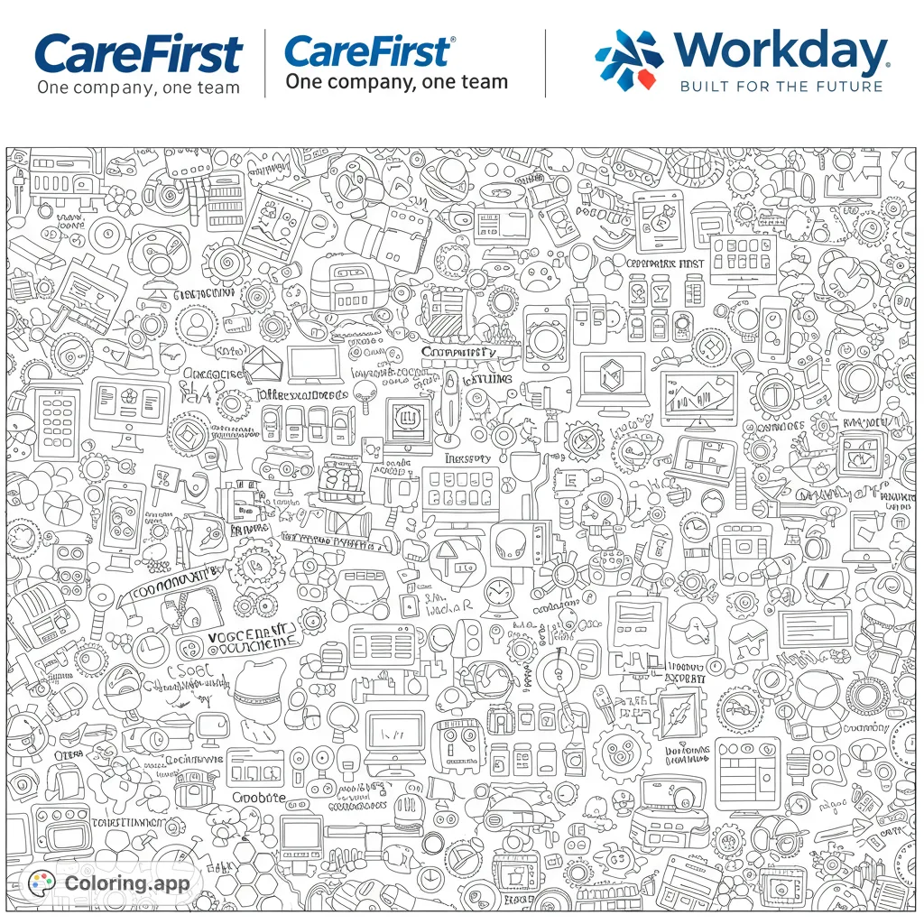 Dive into a complex tech doodle world! This intricate black and white line drawing features interconnected gadgets, data, and gears, offering endless coloring possibilities.