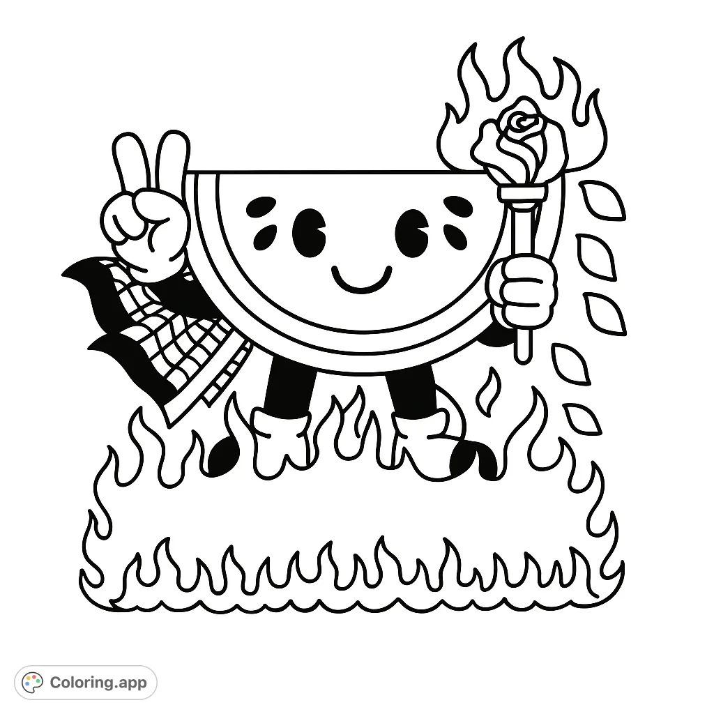 A cool watermelon character with a peace sign and flaming rose torch stands on fire. A fun, free printable watermelon coloring page for kids and adults!