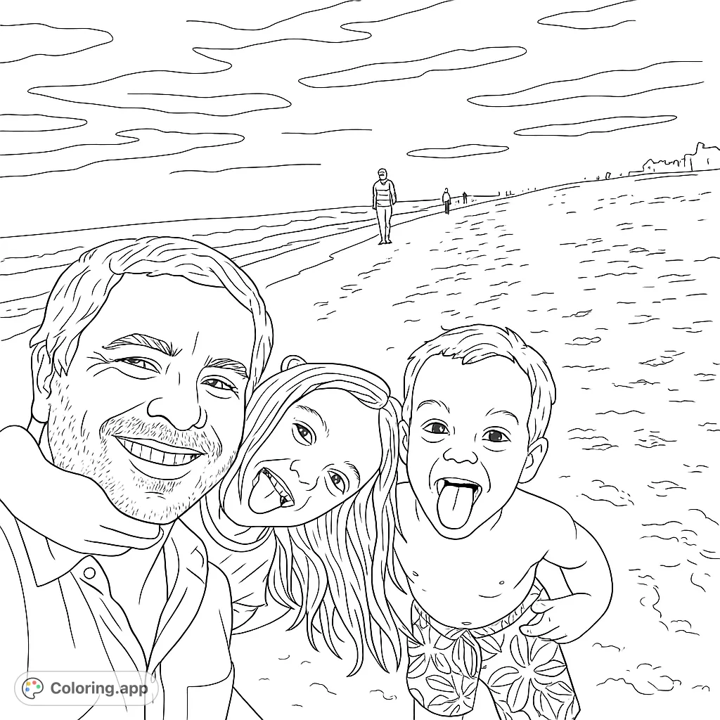 Capture a joyful family beach selfie with a man, girl, and boy playfully sticking out tongues. Perfect for a fun, free printable family beach coloring page.