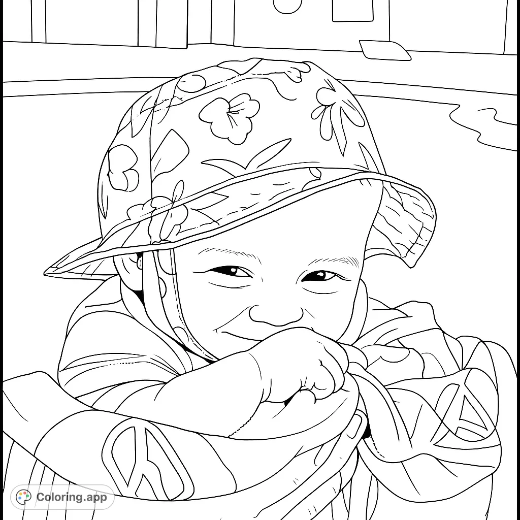 An adorable baby in a patterned bucket hat, smiling sweetly, with a peace sign on their clothing. A joyful free printable baby coloring page.