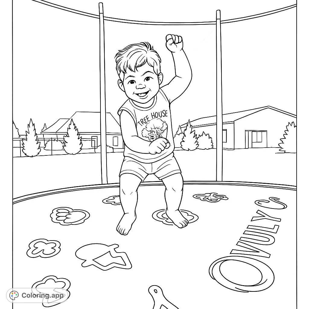 A joyful child bounces on a trampoline, surrounded by playful shapes and a suburban backyard scene. Perfect for a fun, active coloring experience!