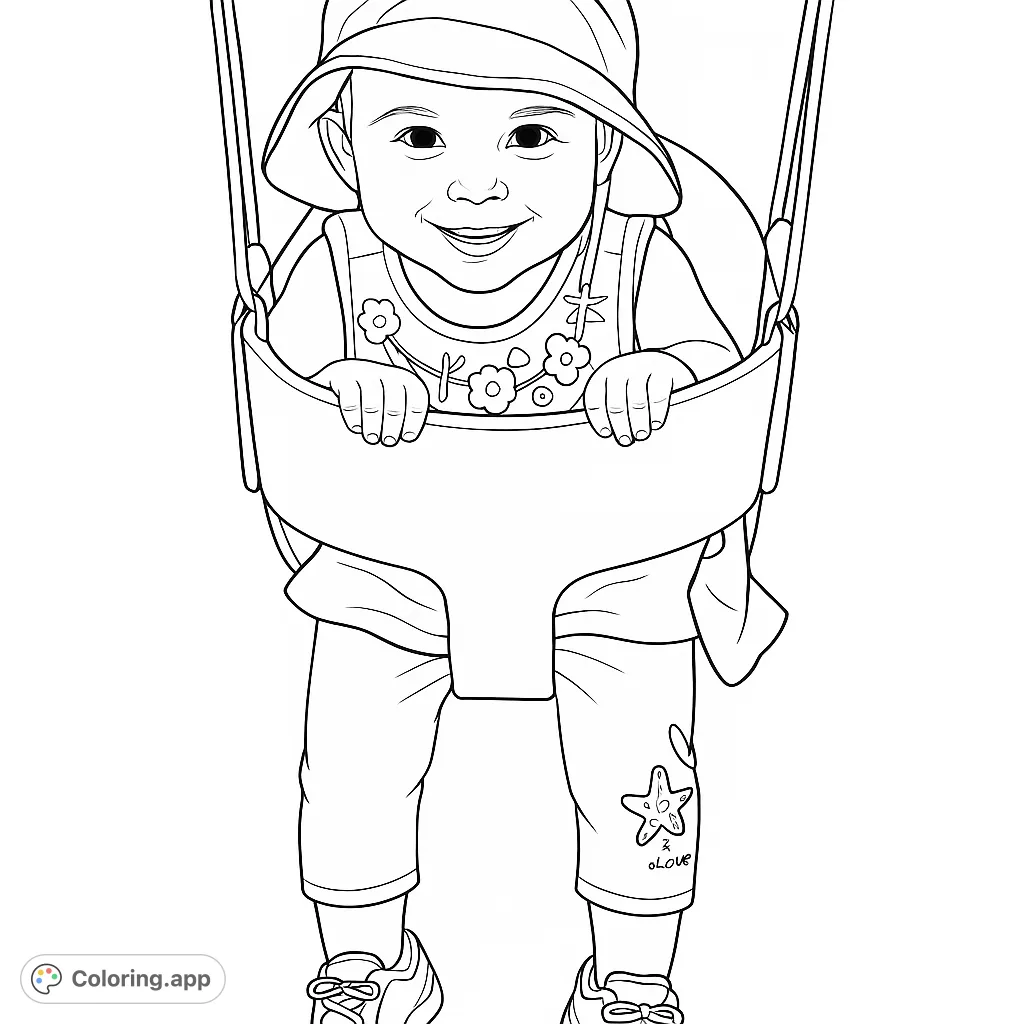 A joyful baby in a swing, wearing a hat and patterned clothes, smiling brightly. A free printable baby coloring page for kids and adults.