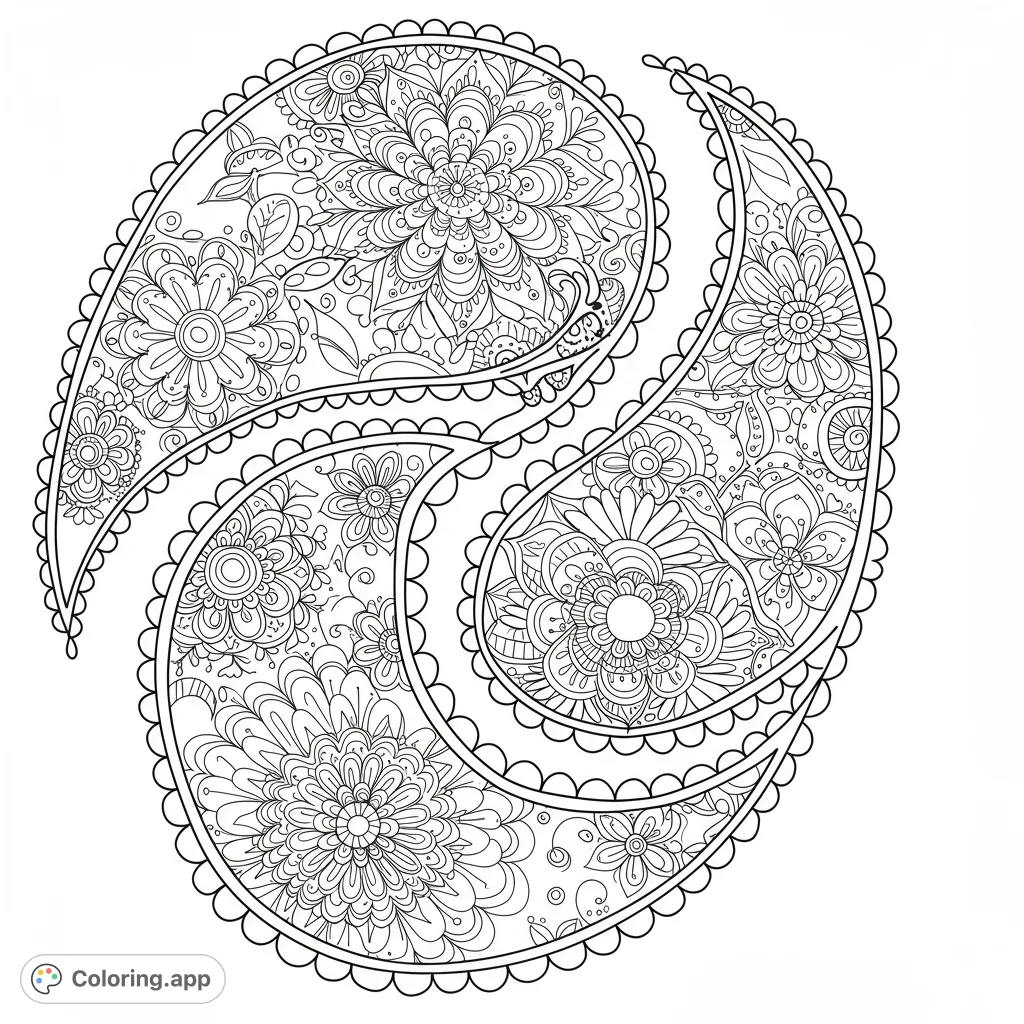 An intricate floral paisley pattern coloring page, perfect for detailed coloring. Features complex swirls, petals, and leaves for a meditative experience.