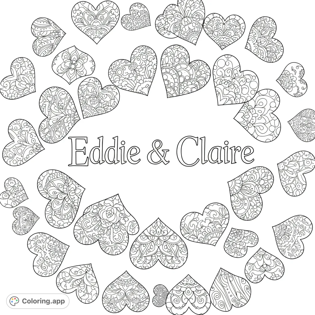 Discover a stunning circular design of intricately patterned hearts, offering a meditative coloring experience for all ages.