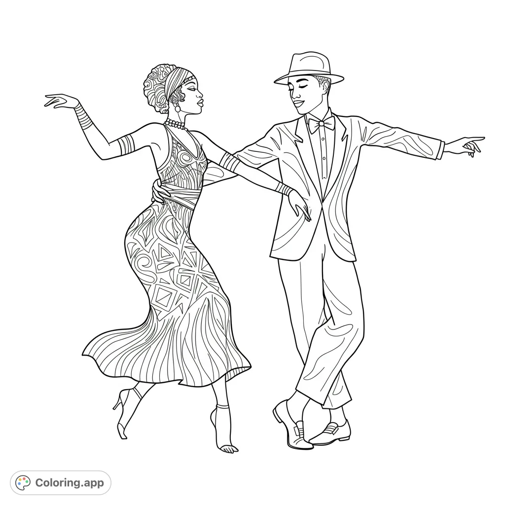 Step back to the Roaring Twenties with this elegant dance duo. A flapper in a patterned dress and a dapper gentleman strike a dynamic pose.