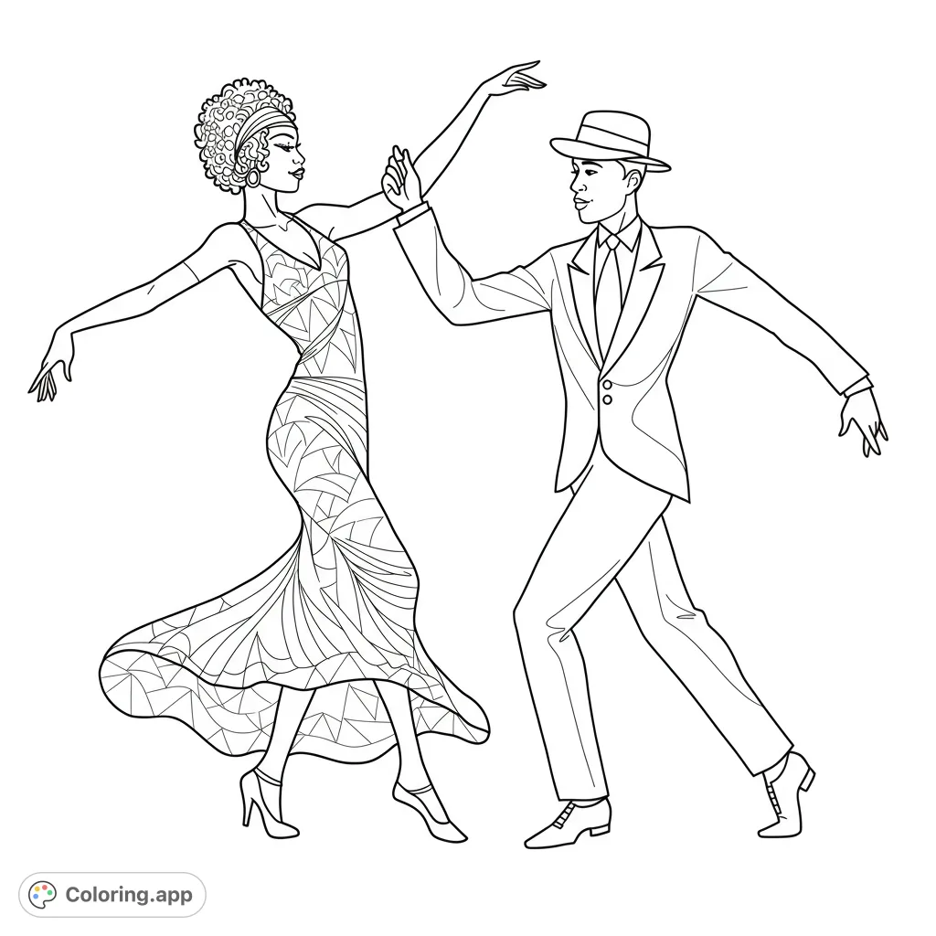 Elegant 1920s dancers in a dynamic pose, featuring a woman in a patterned flapper dress and a man in a suit and fedora. Perfect for vintage style fans.