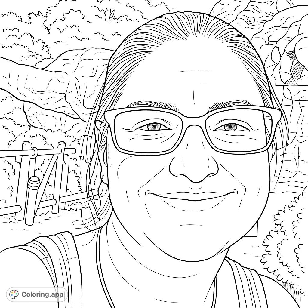 A smiling person with glasses in a natural landscape. A free printable portrait coloring page for all ages, perfect for relaxation and creativity.