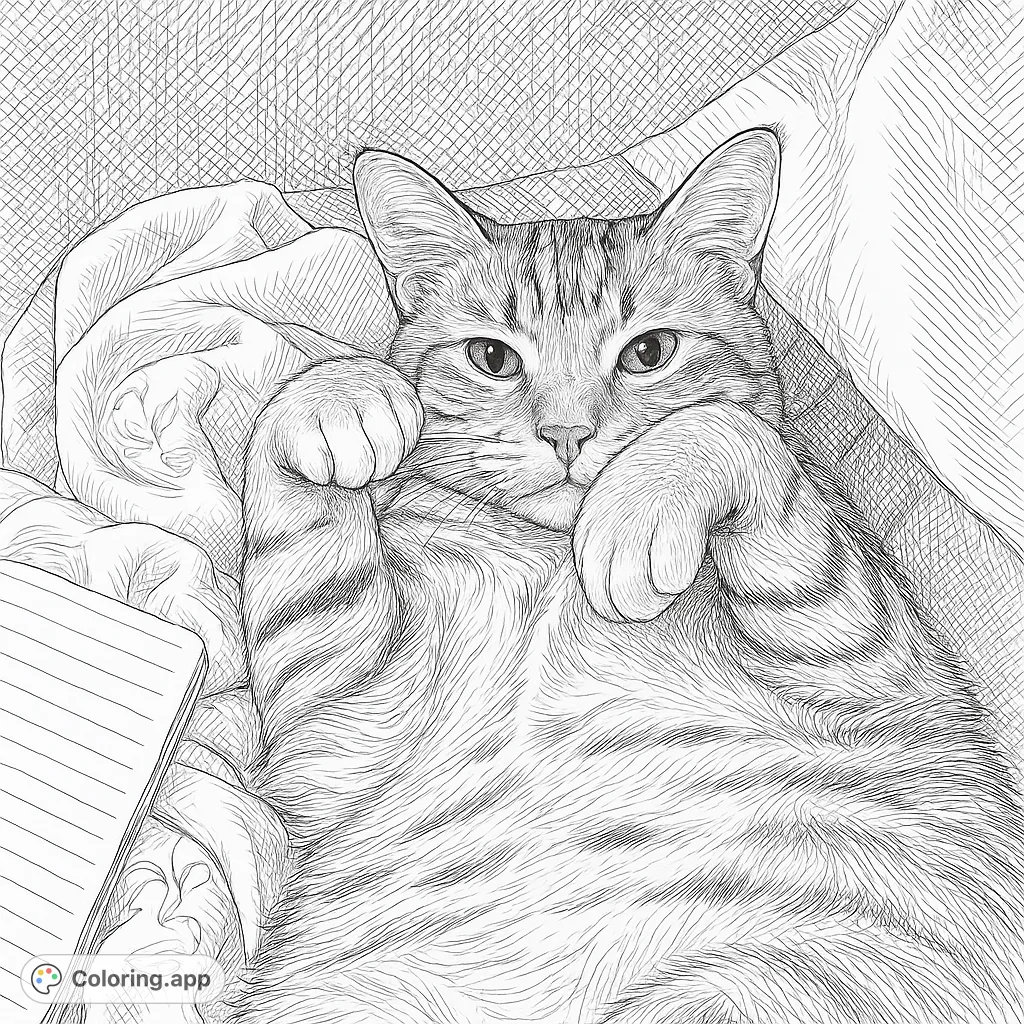A charming striped cat lounges playfully on its back, one paw raised, inviting a cozy coloring experience. Perfect for cat lovers!