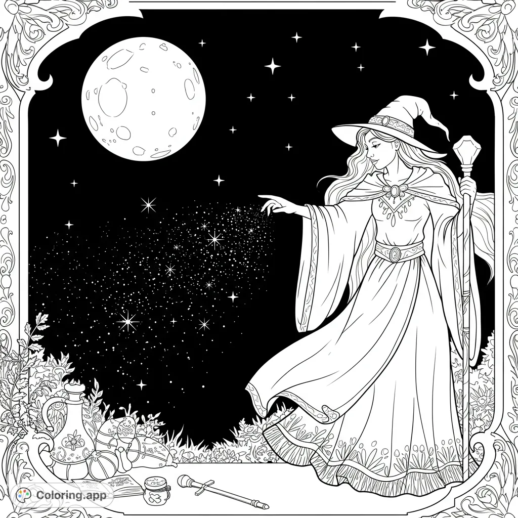 A mystical witch under a full moon casts a spell, surrounded by magical items and an ornate frame. A captivating fantasy coloring page for all ages.
