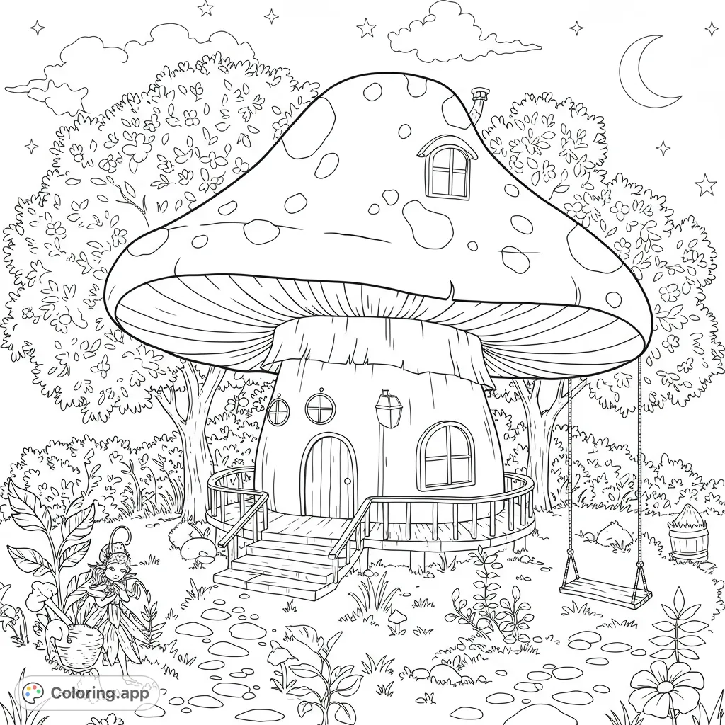 Enter a magical world with this enchanting fairy mushroom house coloring page. Features a whimsical home, a tiny fairy, and a serene night sky.