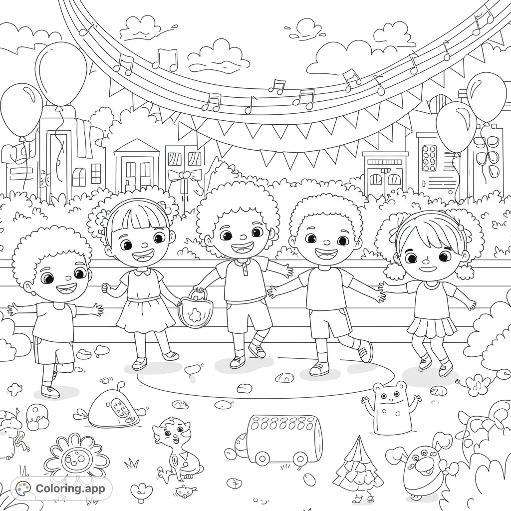 A joyful kids' party coloring page featuring five happy children dancing, surrounded by balloons, musical notes, and playful toys in a festive town setting.