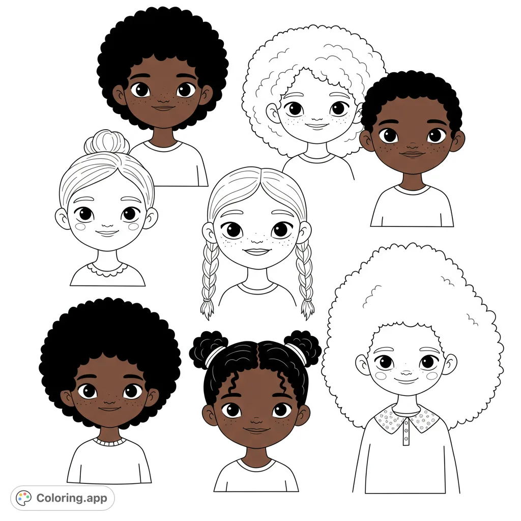 Celebrate diversity with this free printable children's faces coloring page! Features 7 smiling kids with unique hairstyles, perfect for all ages.