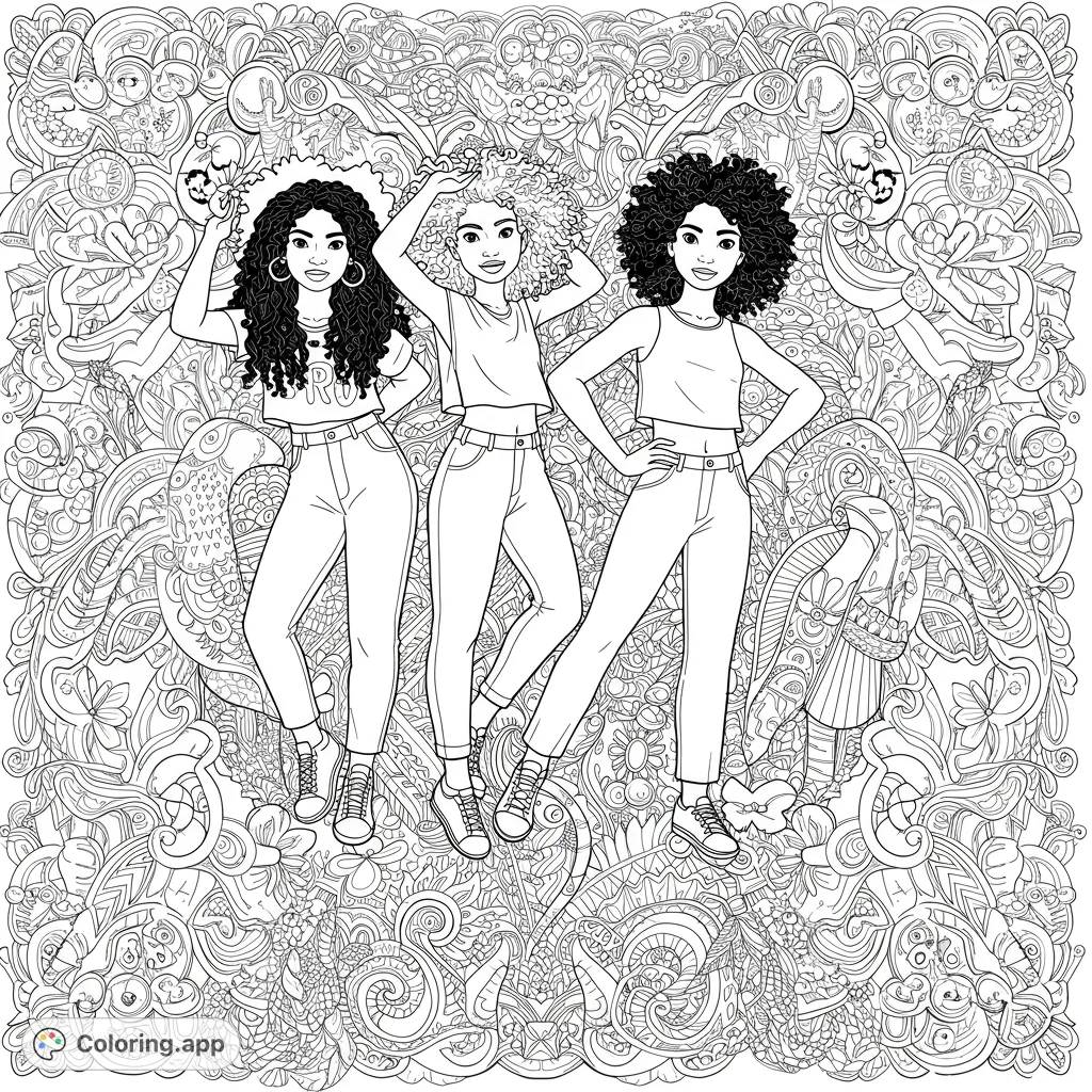 Three stylish young women with curly hair pose against an incredibly intricate, abstract doodle background. A detailed fashion coloring page.