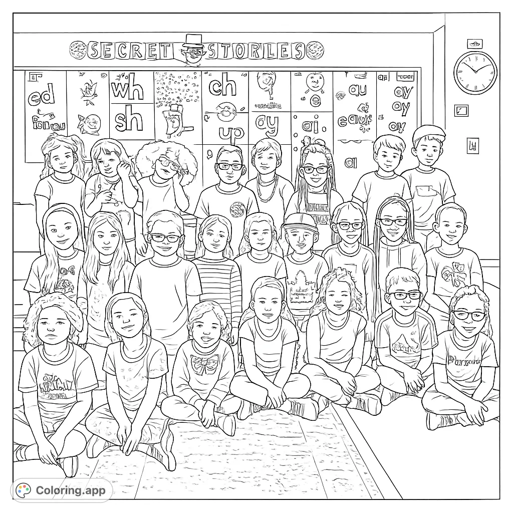 A vibrant classroom scene featuring a diverse group of happy children, perfect for a free printable coloring page. Engage with this fun, educational design.
