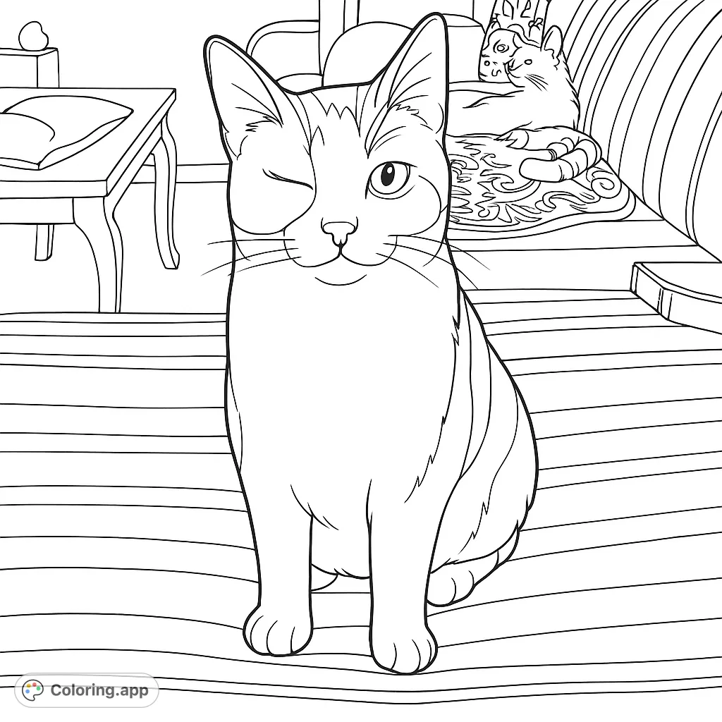 A playful winking cat sits front and center in a cozy room, with another cat lounging on a sofa in the background. A delightful free printable cat coloring page for all ages!