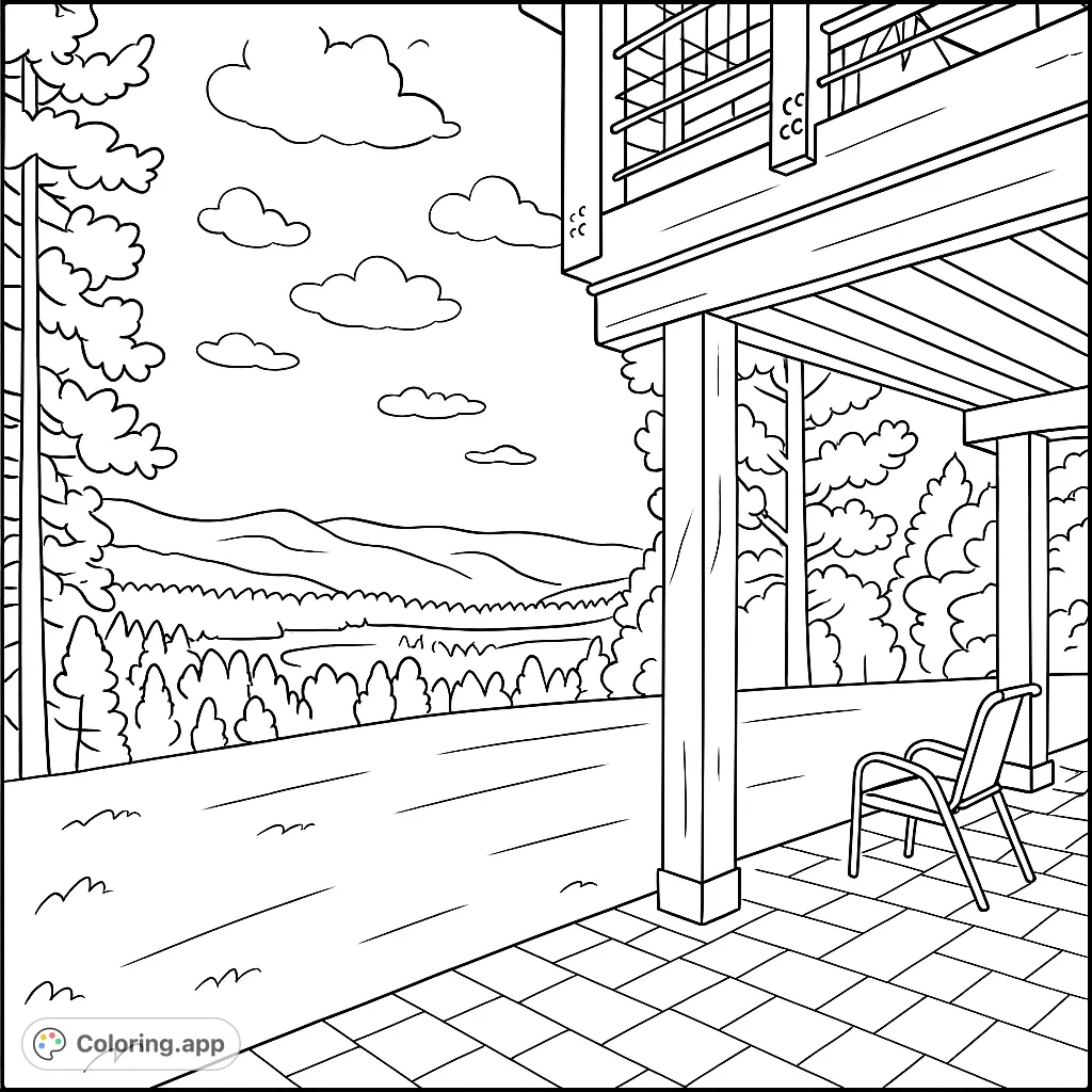 Discover a serene patio view overlooking a vast forest and distant mountains under a cloudy sky. A perfect nature escape for mindful coloring.