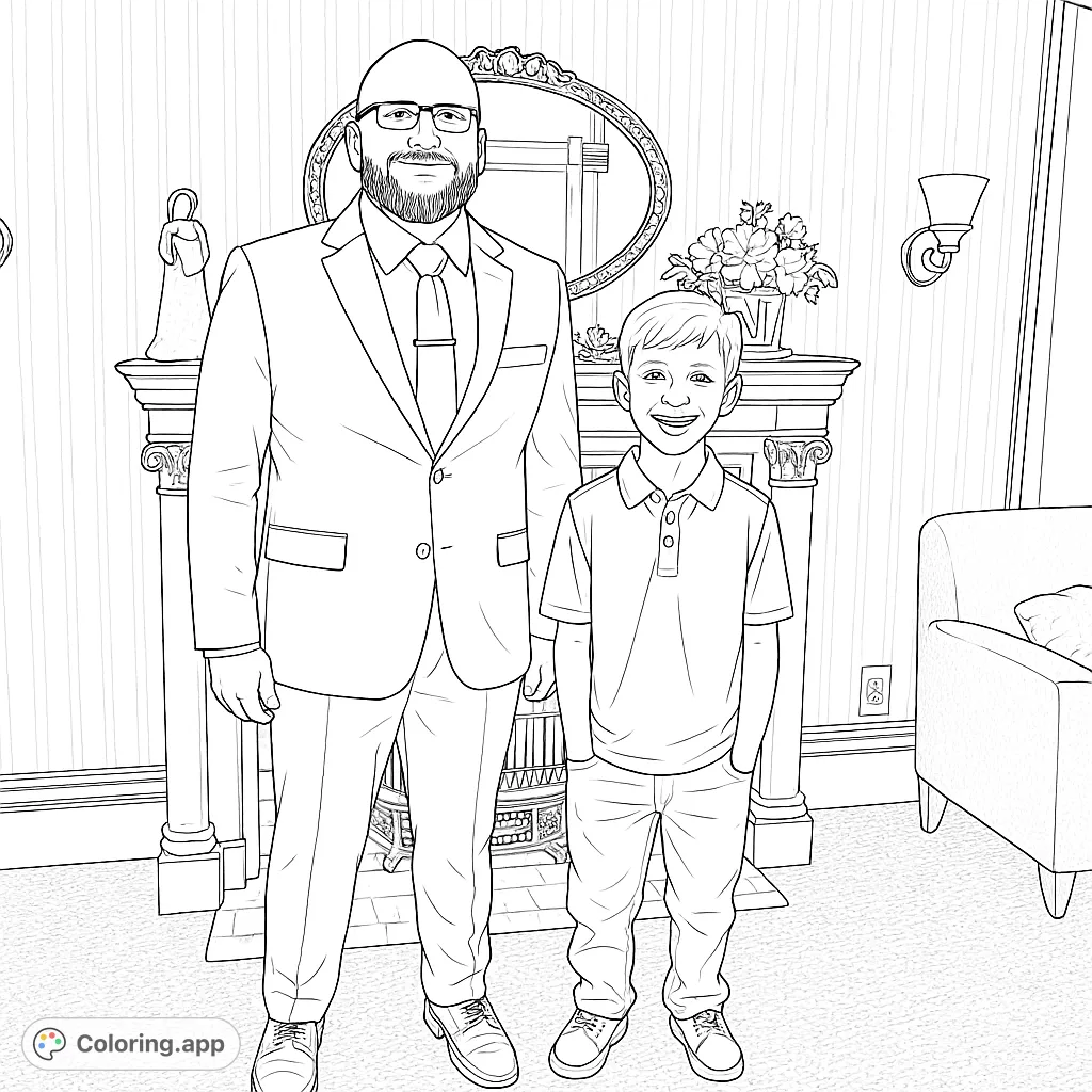 A heartwarming family portrait featuring a father and son standing by a detailed fireplace, perfect for a personalized coloring experience.