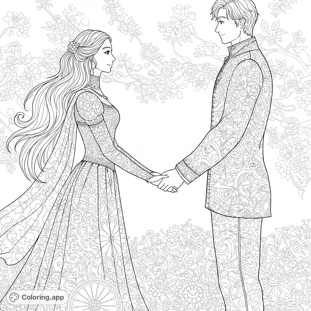 A beautiful fantasy romance coloring page featuring a prince and princess holding hands, adorned in intricately patterned royal attire amidst a detailed floral garden.