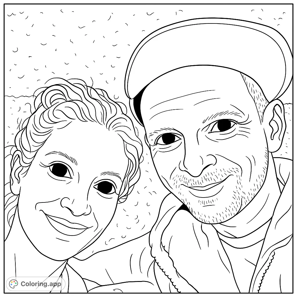 A heartwarming couple portrait coloring page featuring two smiling faces, perfect for personalizing with your favorite colors. Free printable fun!