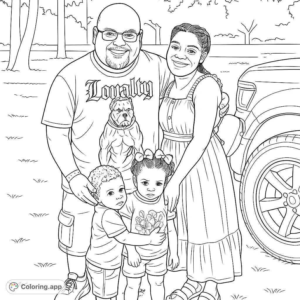A heartwarming family coloring page featuring a man, woman, and two children embracing outdoors. Perfect for all ages!