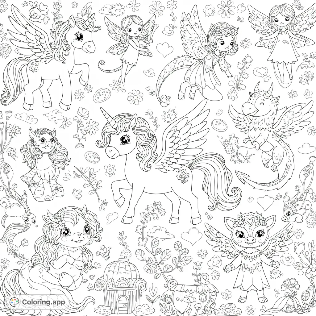 A whimsical fantasy creatures coloring page featuring winged unicorns, charming fairies, and mythical beings amidst a magical garden. Free printable for all ages!