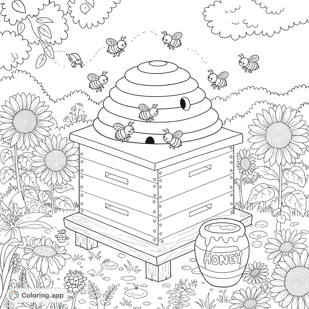A charming beehive surrounded by cheerful sunflowers and busy bees, perfect for a delightful nature-themed coloring adventure.