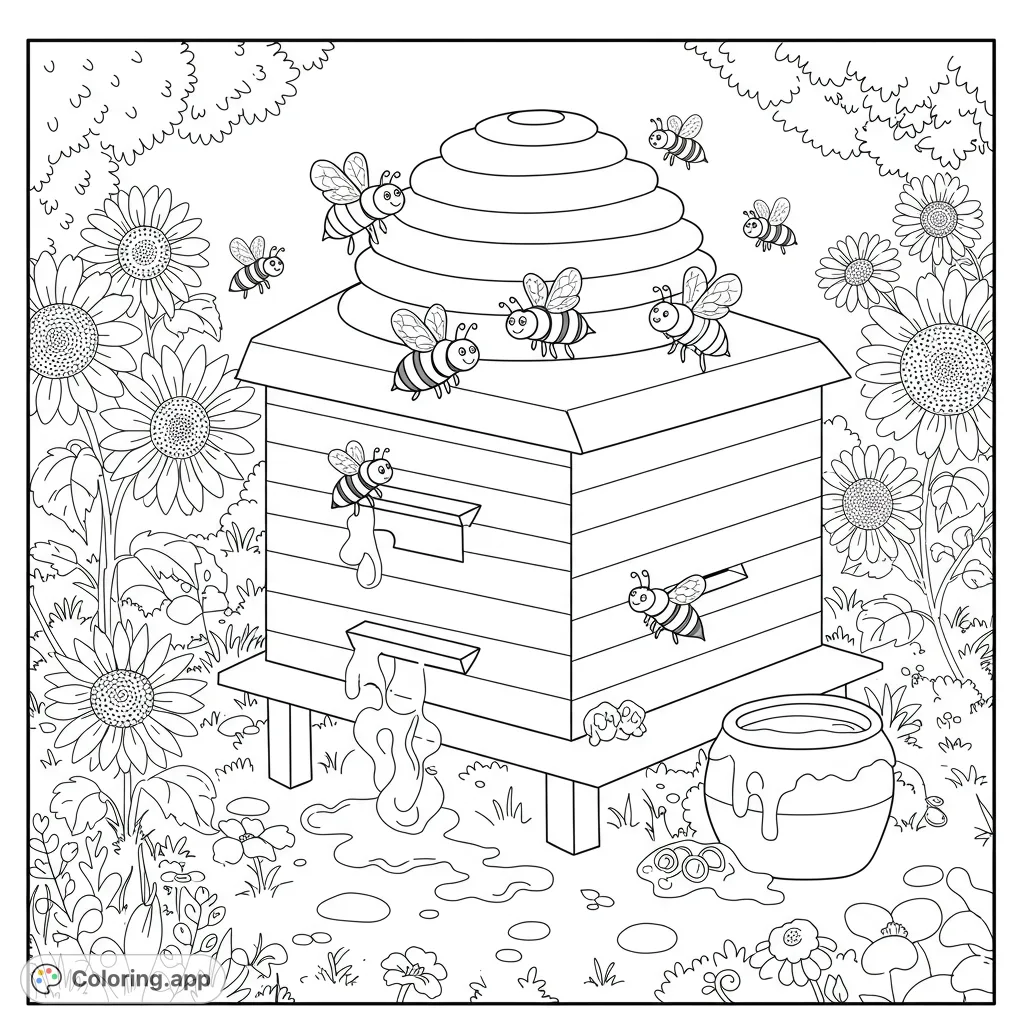 A charming beehive scene with busy bees, dripping honey, and vibrant sunflowers. A delightful free printable nature coloring page for all ages.