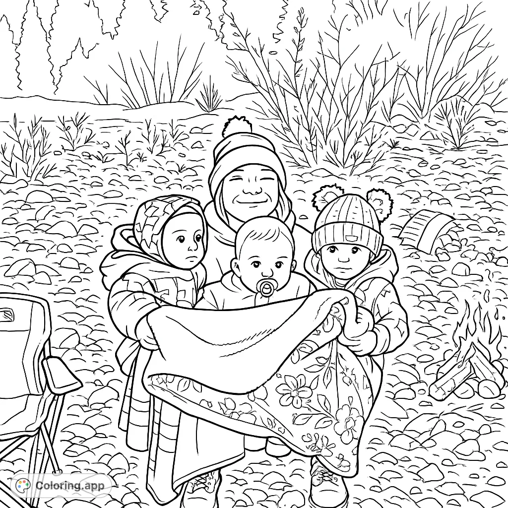 A heartwarming family camping scene with an adult and three bundled-up children by a campfire, perfect for a cozy coloring experience.