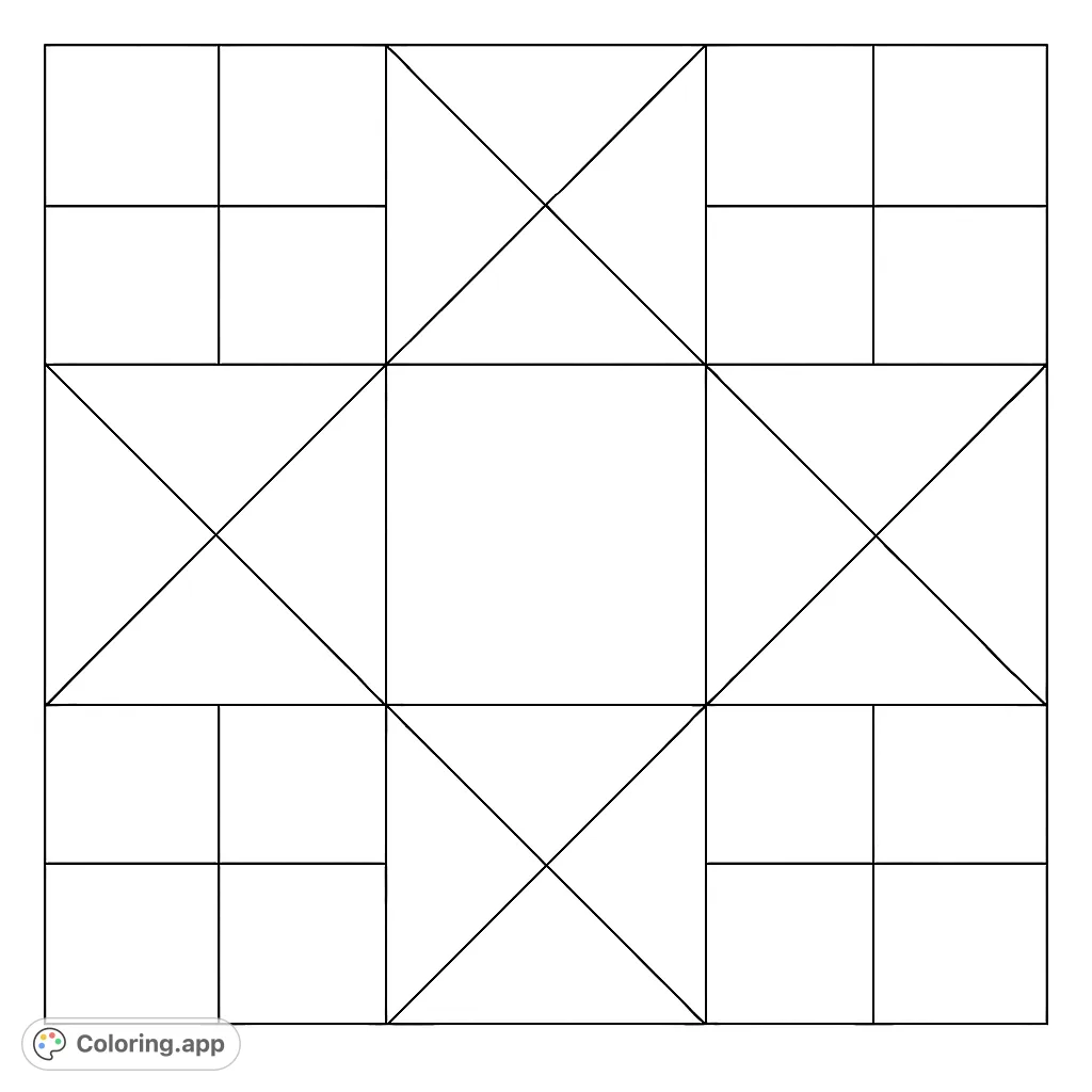 Explore a symmetrical geometric grid coloring page with squares and triangles. A free printable design perfect for abstract art and pattern enthusiasts.