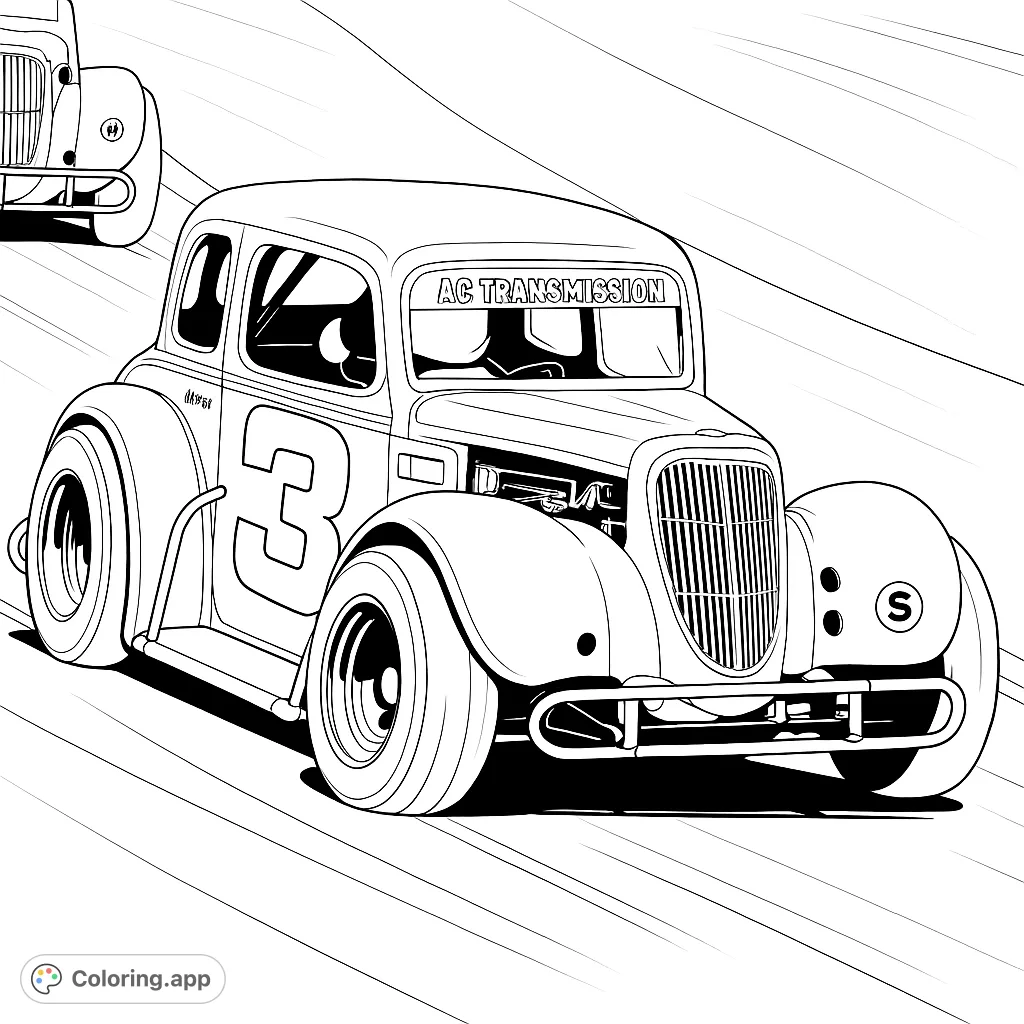 Dynamic vintage race car with bold number area on track, perfect for a classic racing coloring page. Free printable for all ages to enjoy.