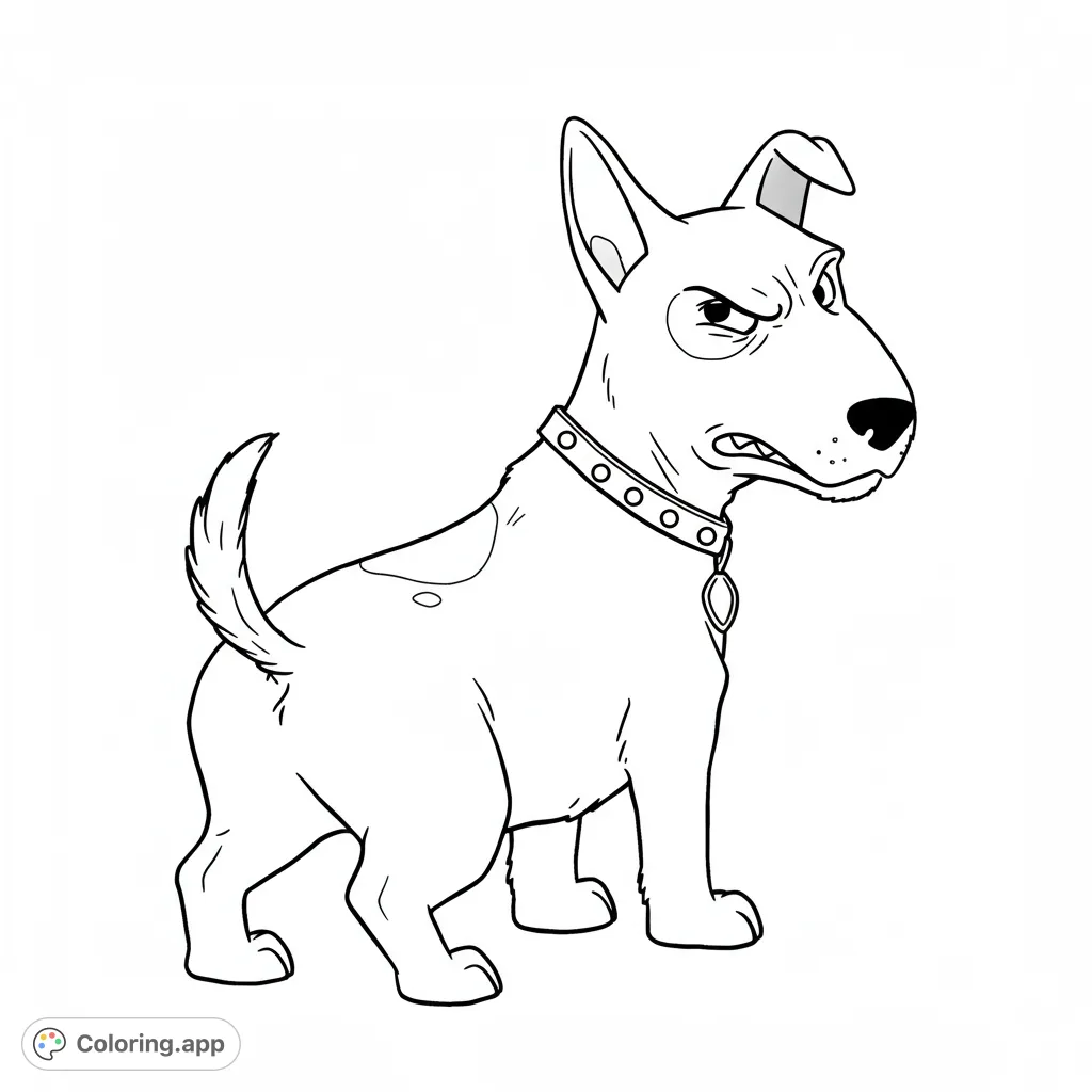 An angry dog coloring page featuring a snarling terrier with a spiked collar. A free printable coloring page for kids and adults to enjoy.
