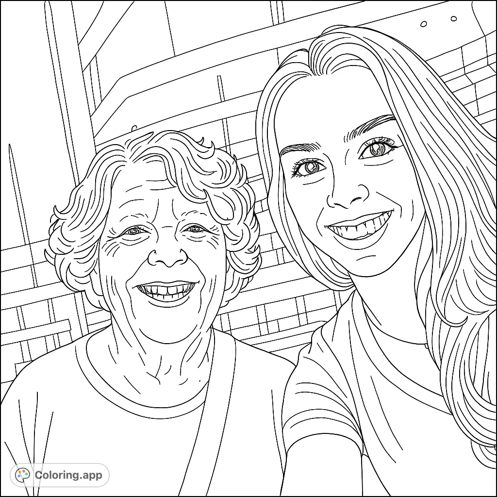 Capture the warmth of family with this heartwarming portrait of two smiling women. A free printable family portrait coloring page for all ages.