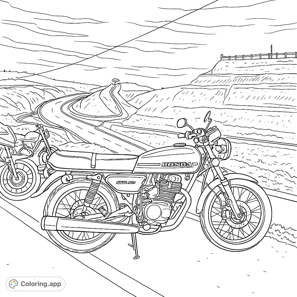 Rev up your creativity with this classic motorcycle coloring page! Features two vintage bikes on a scenic winding road through hills, perfect for all ages.