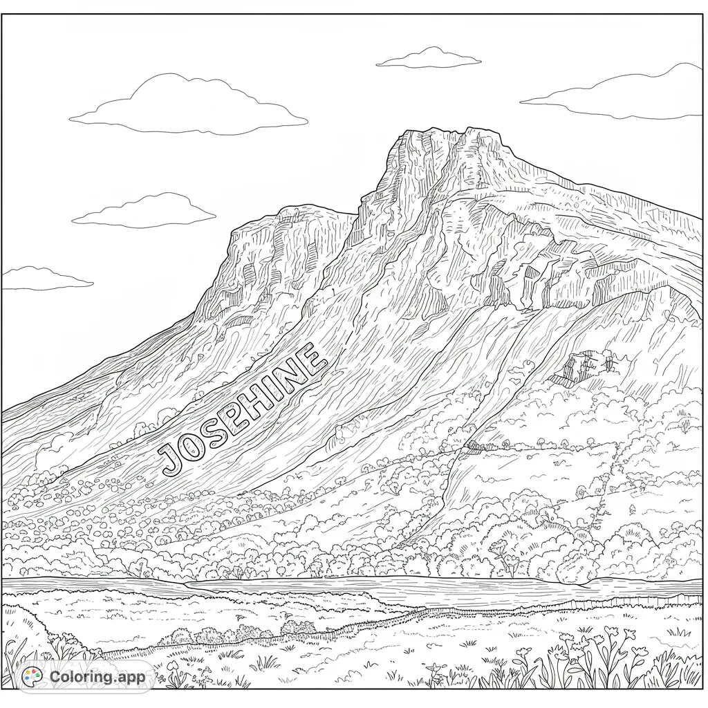 Explore a serene mountain landscape coloring page featuring towering peaks, a tranquil valley, and lush foreground details. A free printable nature scene.