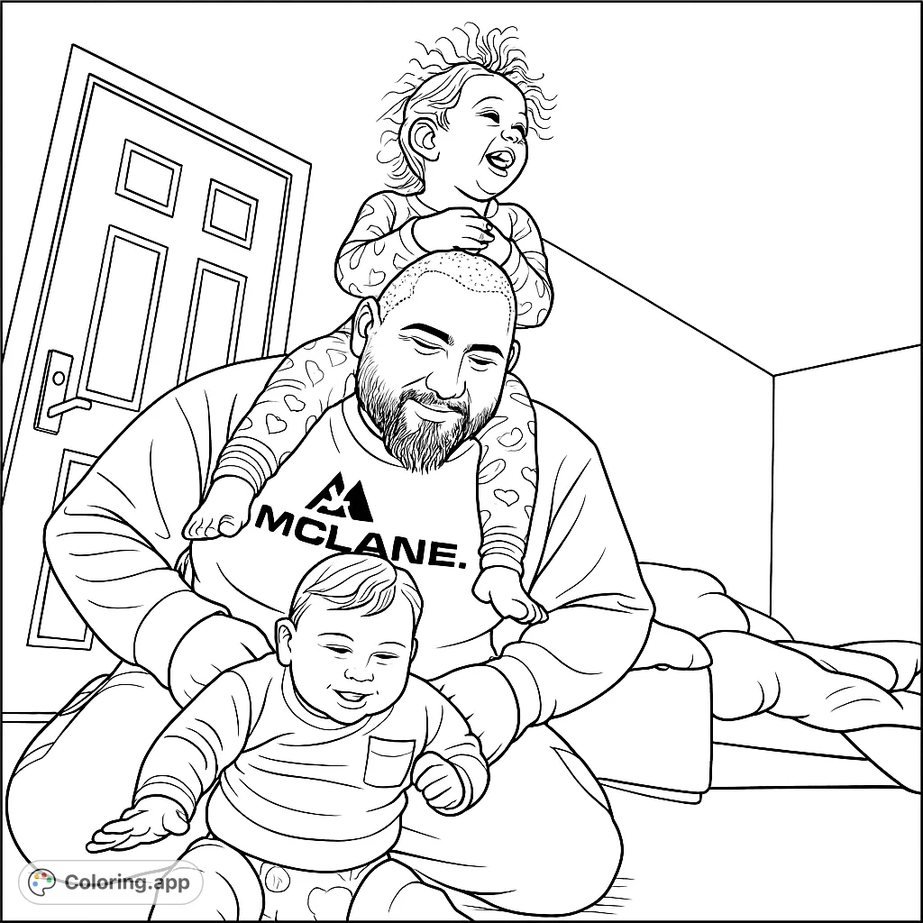 A heartwarming family coloring page featuring a joyful father with two happy children, one on his shoulders and one sitting in front, perfect for all ages.