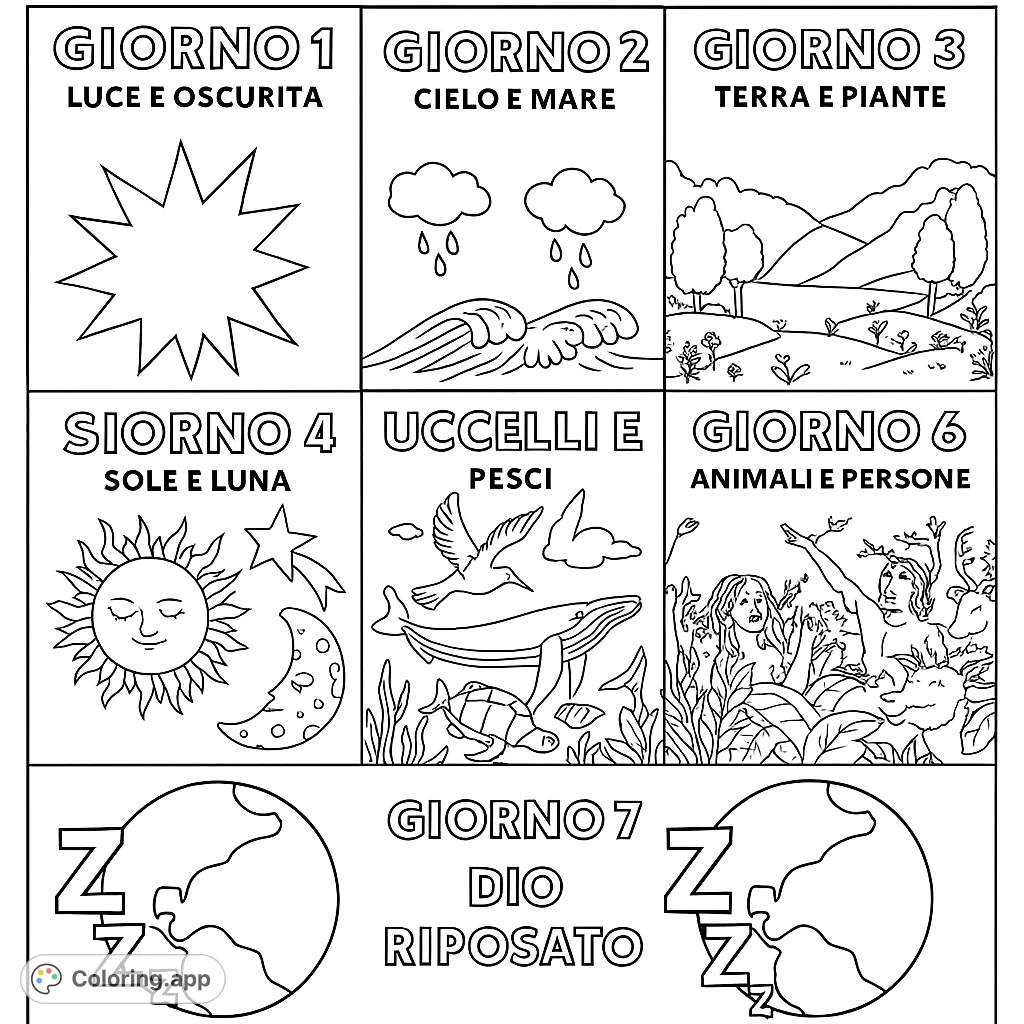 A captivating seven days of creation coloring page, illustrating the biblical story from light to rest. Free printable for all ages.