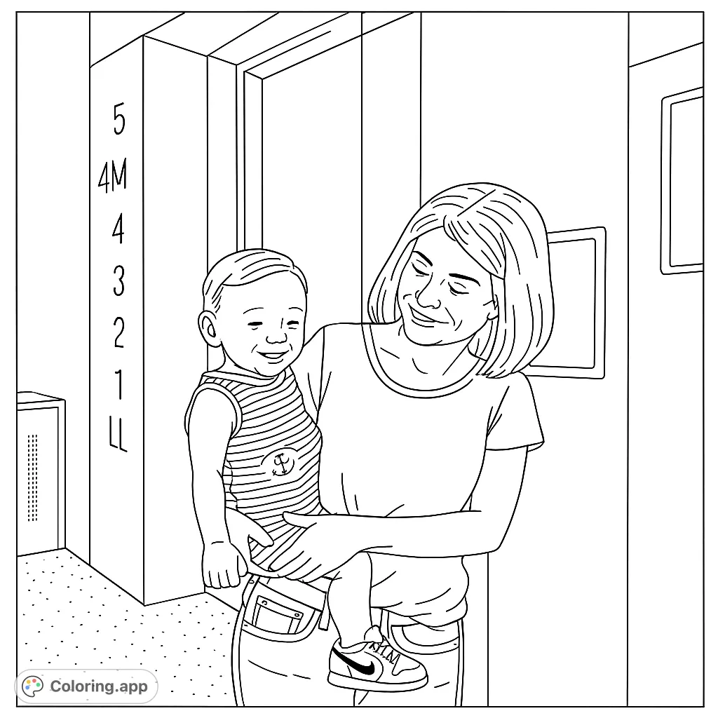 A heartwarming family coloring page featuring a smiling mother holding her happy baby in an elevator, perfect for all ages.
