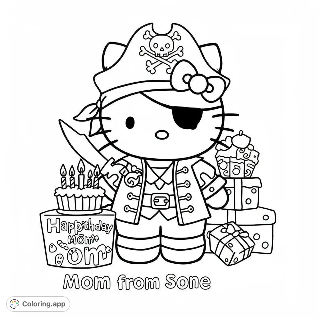 A charming pirate character with an eye patch and sword, surrounded by a birthday cake and festive gifts, ready for a fun coloring adventure.