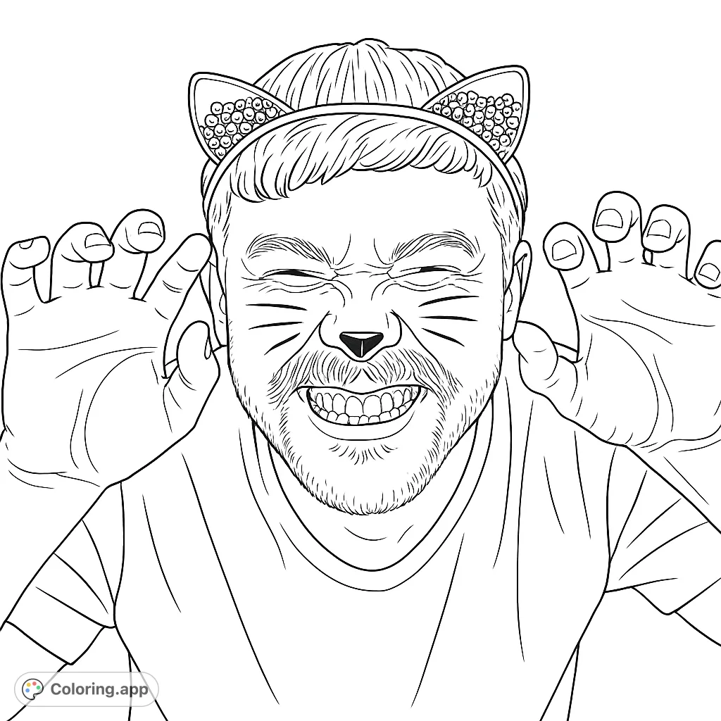 A fun cat-themed coloring page featuring a person with cat ears and whiskers making a playful roar, perfect for all ages and creative expression.