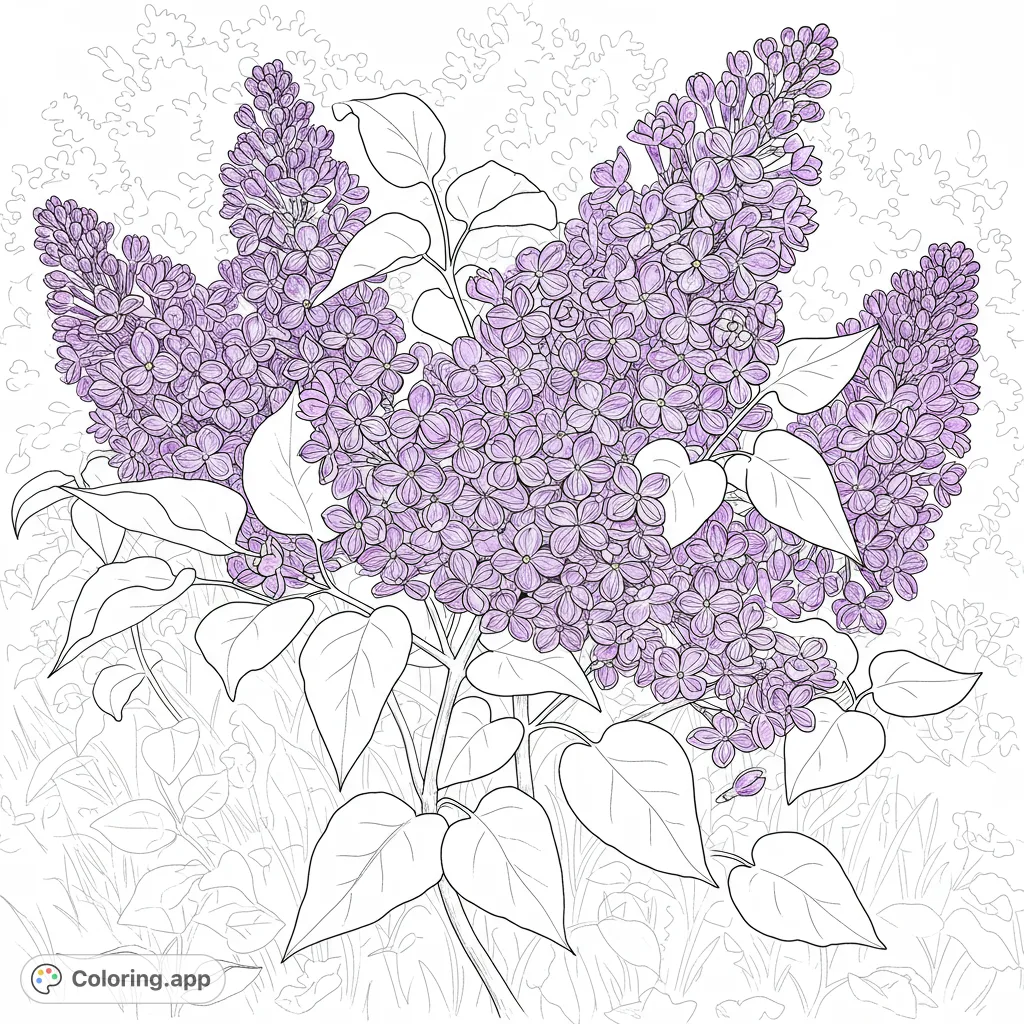 A beautiful lilac flower coloring page, perfect for nature lovers. Features detailed blossoms and leaves, a free printable coloring page for all ages.