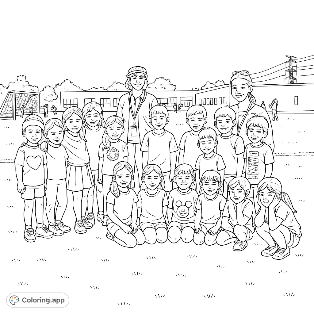 A joyful school group portrait featuring smiling children and teachers on a grassy field with a school building background. Perfect for kids and adults.