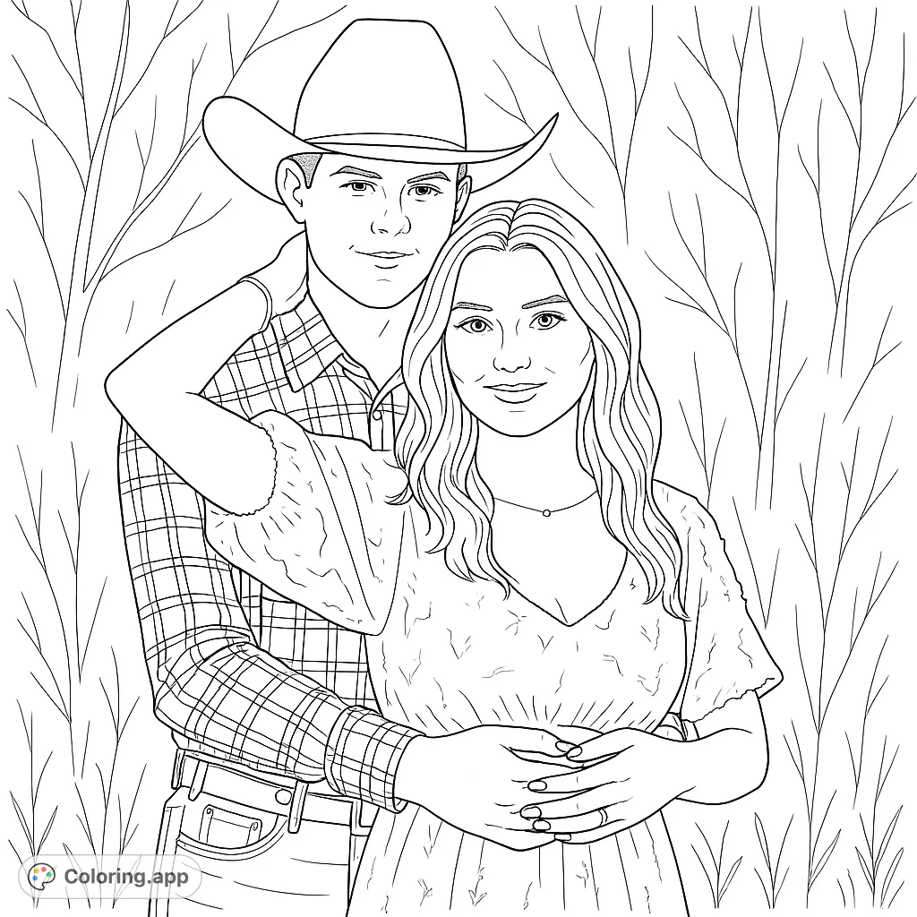 A charming country couple portrait, perfect for a free printable coloring page. Features a cowboy and his sweetheart in a rustic setting.