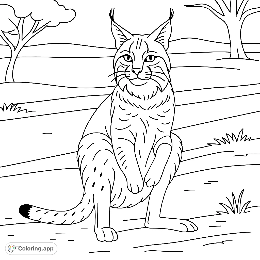 A captivating lynx coloring page featuring a majestic wild cat sitting in a natural landscape, perfect for animal lovers.