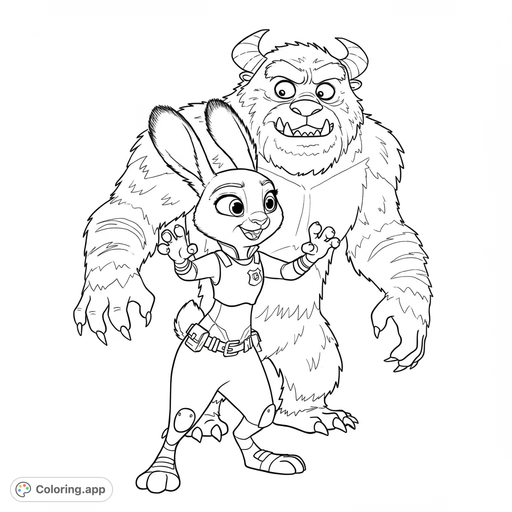 Brave Rabbit and Furry Monster - Coloring.app