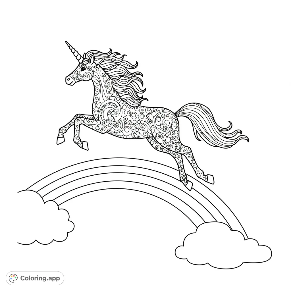 A majestic unicorn with intricate patterns leaps gracefully over a vibrant rainbow, flanked by fluffy clouds. A magical fantasy coloring page.