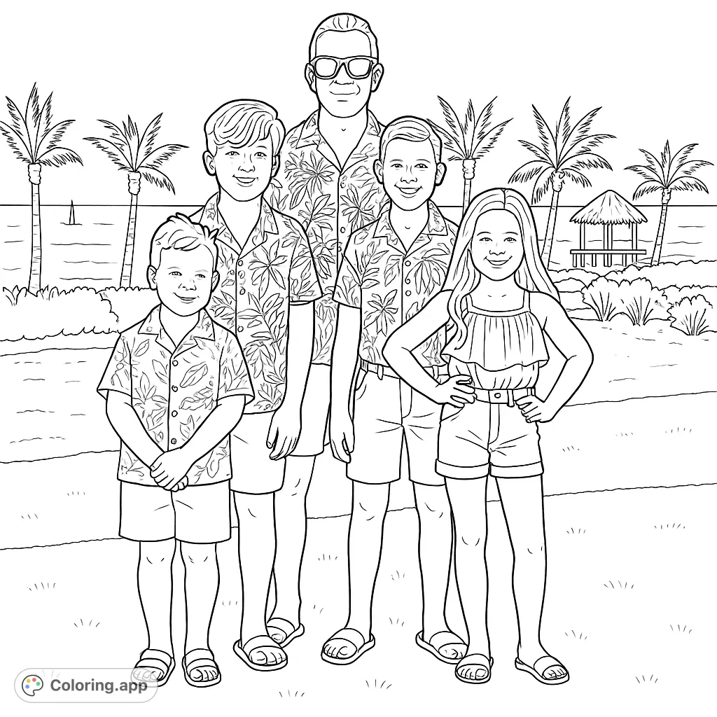 A happy family of five enjoys a tropical beach vacation with palm trees and ocean views. A fun, free printable coloring page for all ages.