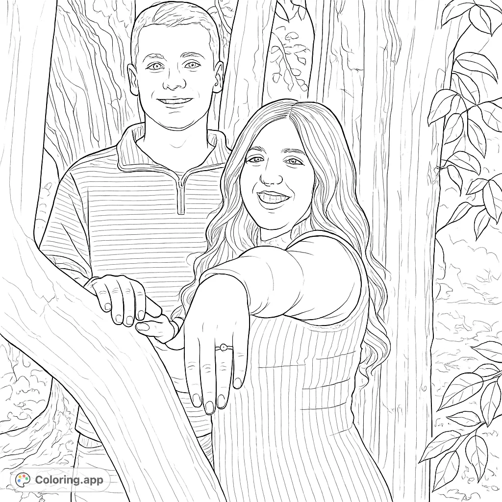 A heartwarming engagement coloring page featuring a smiling couple in a serene woodland setting, perfect for celebrating love and nature.