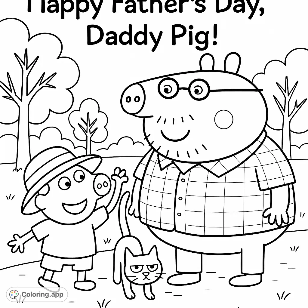 A charming cartoon pig family outdoor scene featuring a large pig, a smaller pig in a hat, and a grumpy cat, perfect for a free printable coloring page.